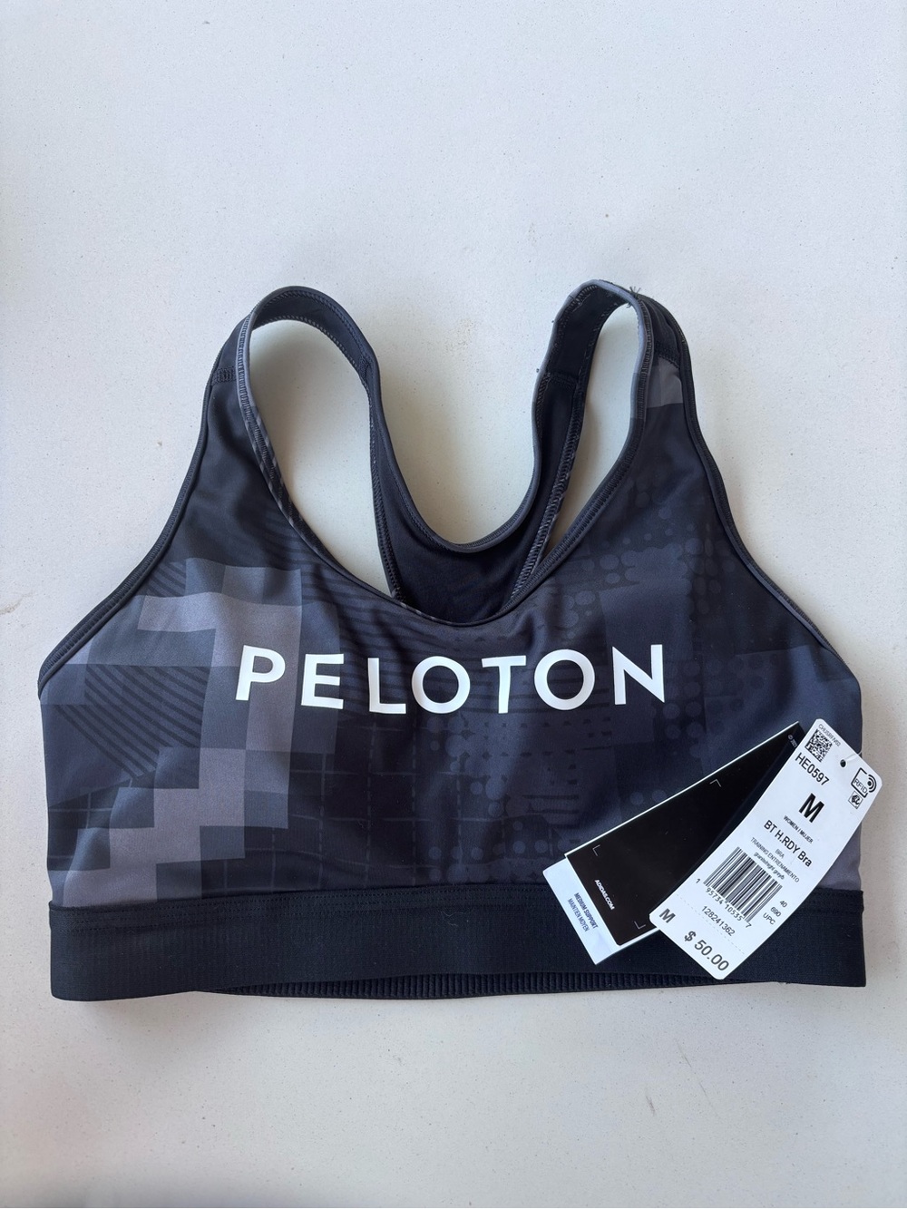 adidas Black Graphic Racerback Sports Bra Peloton logo